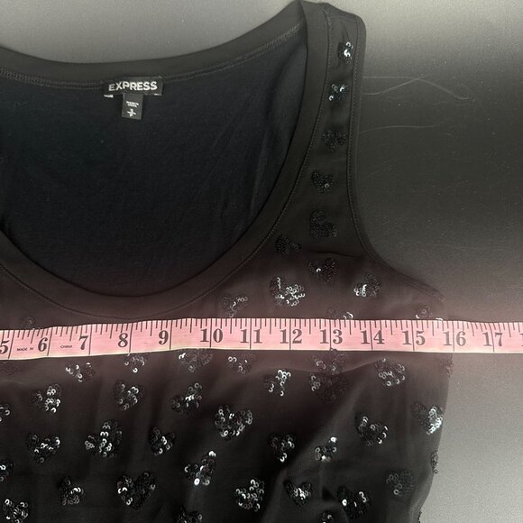 Express Black Liner Sheer Slinky Overlay Heart Sequin Top Tank Size Small - Picture 7 of 8